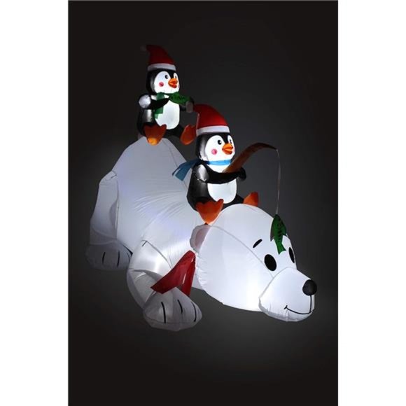 6 Ft  Christmas Inflatable Penguins Fishing on Polar Bear LED Lights